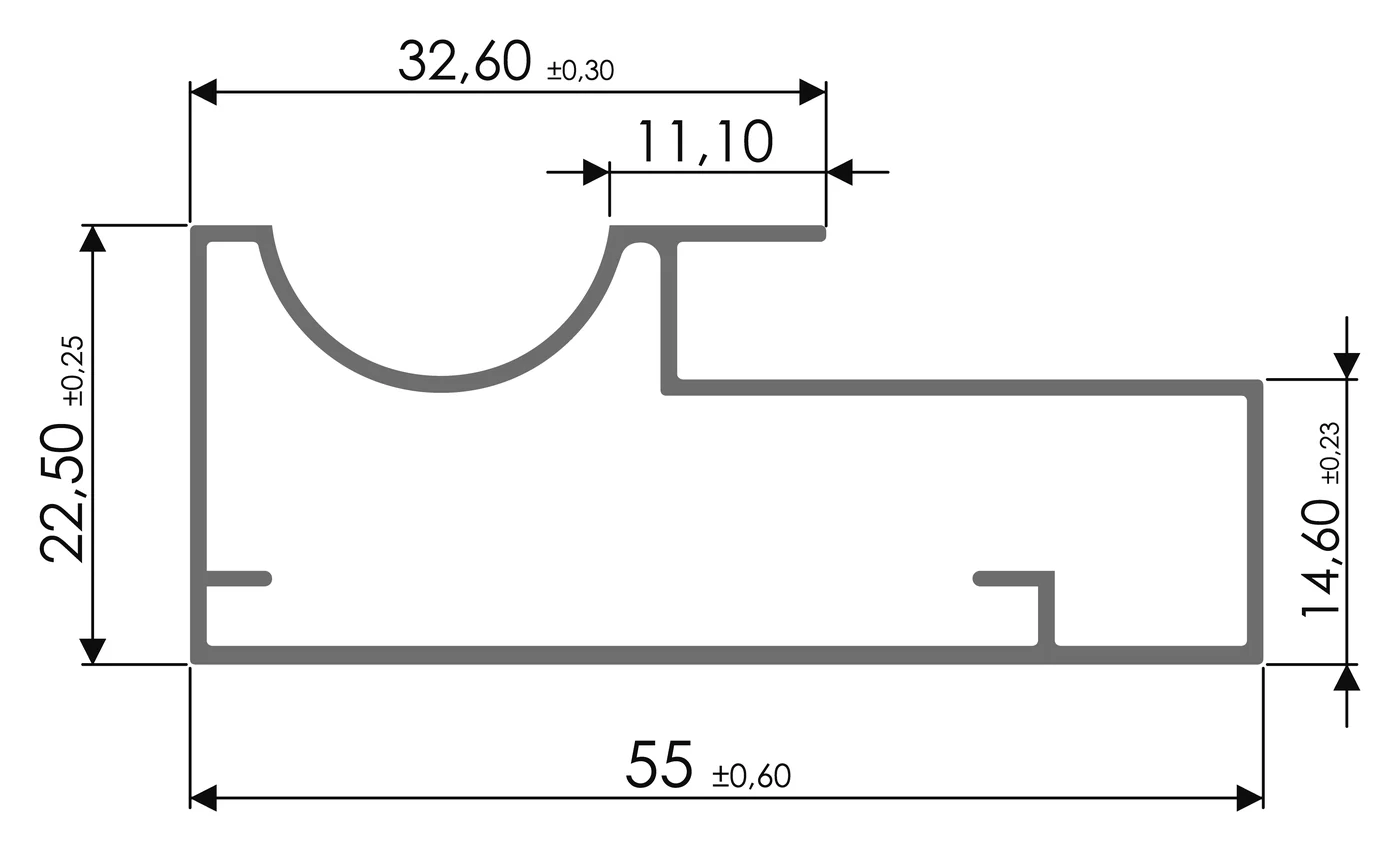 Desenho técnico com medidas: Perfil para porta RX 1004