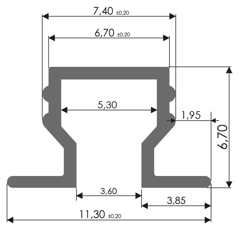 Desenho técnico com medidas: Trilho RX 1017