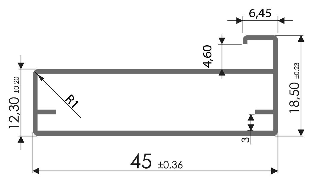 Desenho técnico com medidas: Perfil para porta RX 1048