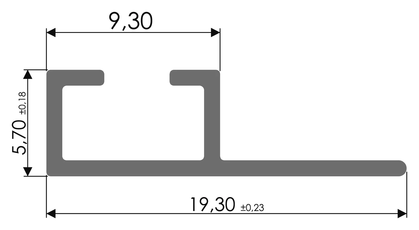 Desenho técnico com medidas: Trilho RX 1049