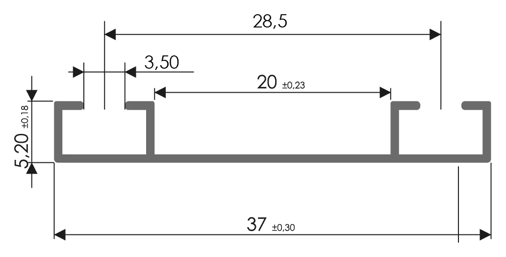 Desenho técnico com medidas: Trilho RX 1053