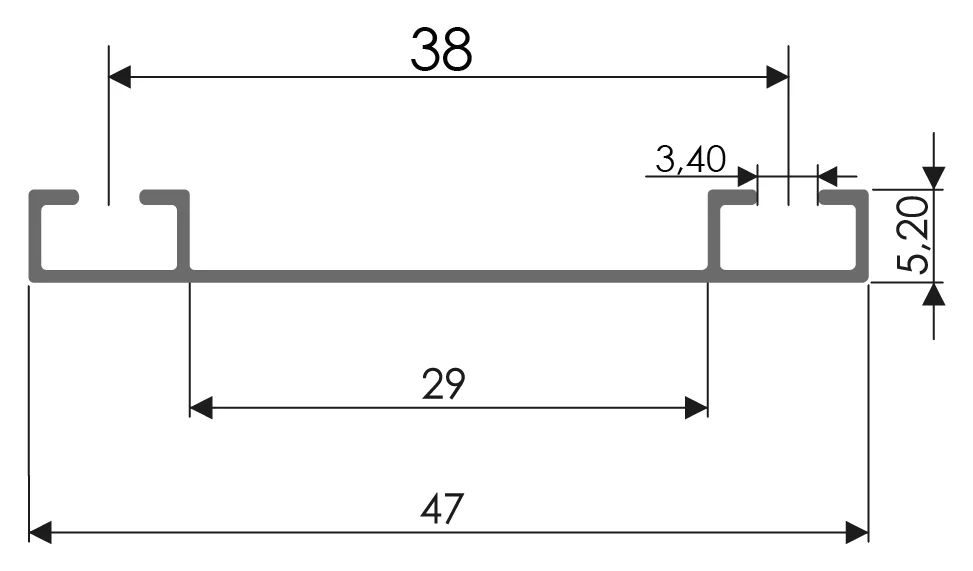 Desenho técnico com medidas: Trilho RX 1055