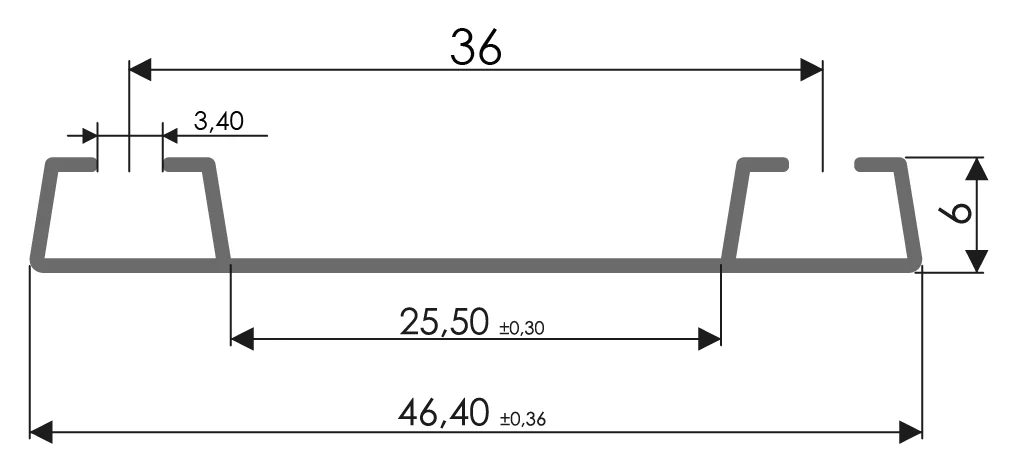 Desenho técnico com medidas: Trilho RX 1056