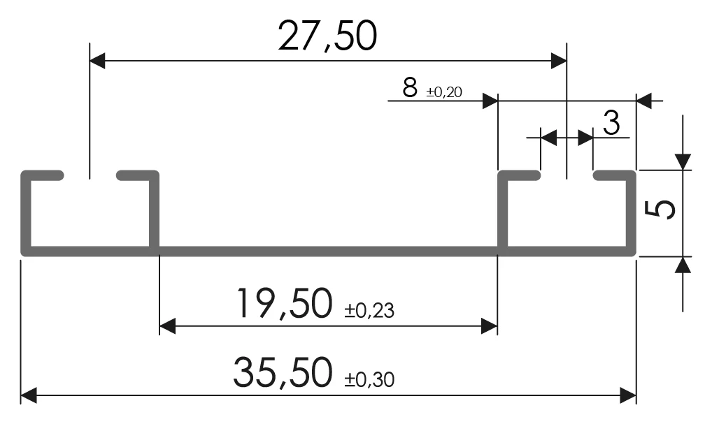 Desenho técnico com medidas: Trilho RX 1057