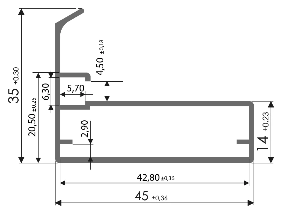 Desenho técnico com medidas: Perfil para porta RX 1065