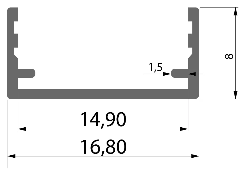 Desenho técnico com medidas: Perfil para fita de LED RX 1068 sem aba