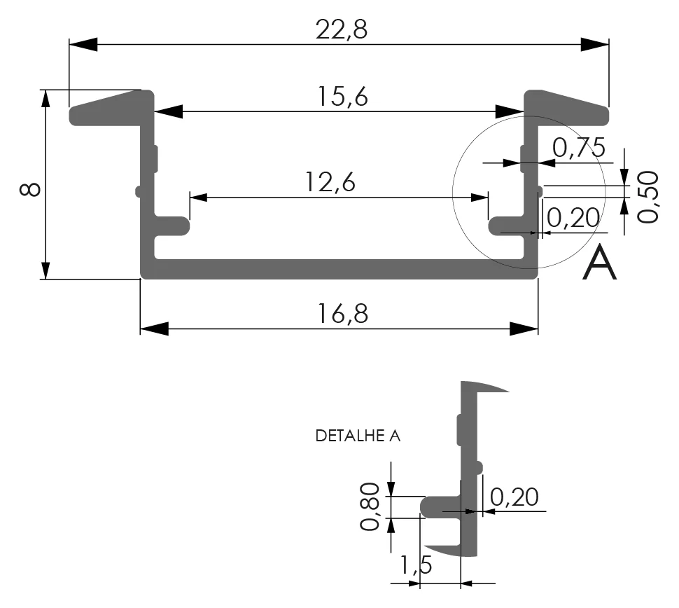 Desenho técnico com medidas: Perfil para fita de LED RX 1069 com aba