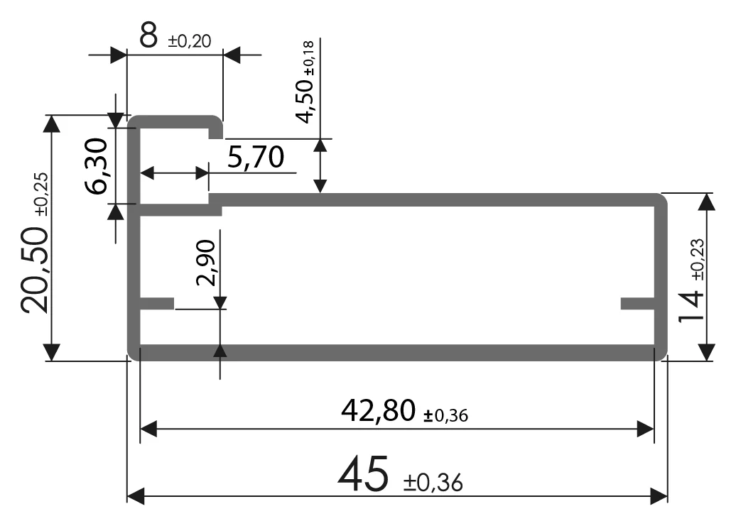 Desenho técnico com medidas: Perfil para porta RX 1099