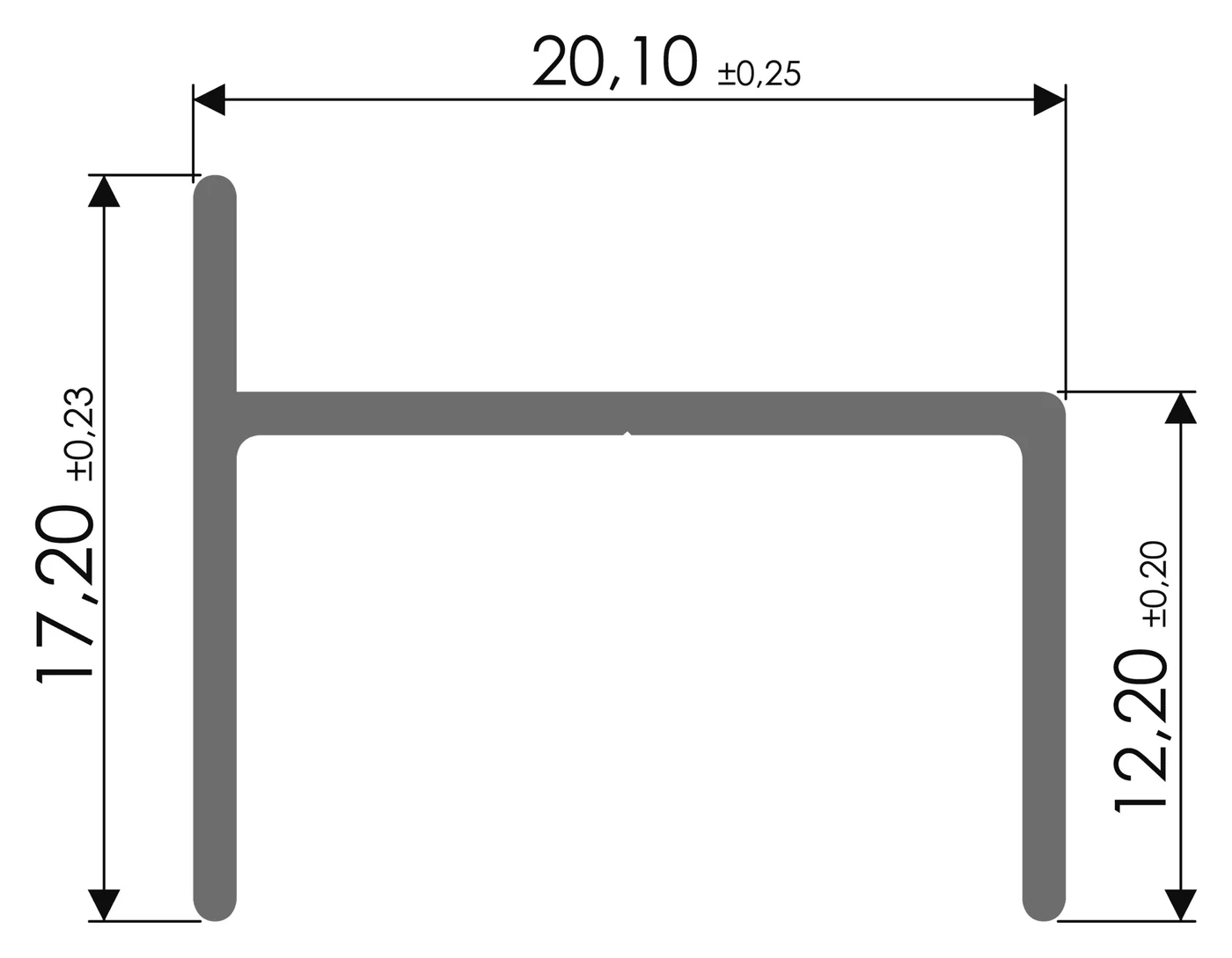 Desenho técnico com medidas: Trilho RX 1102