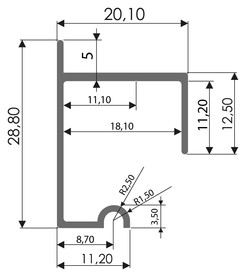 Desenho técnico com medidas: Trilho RX 1103