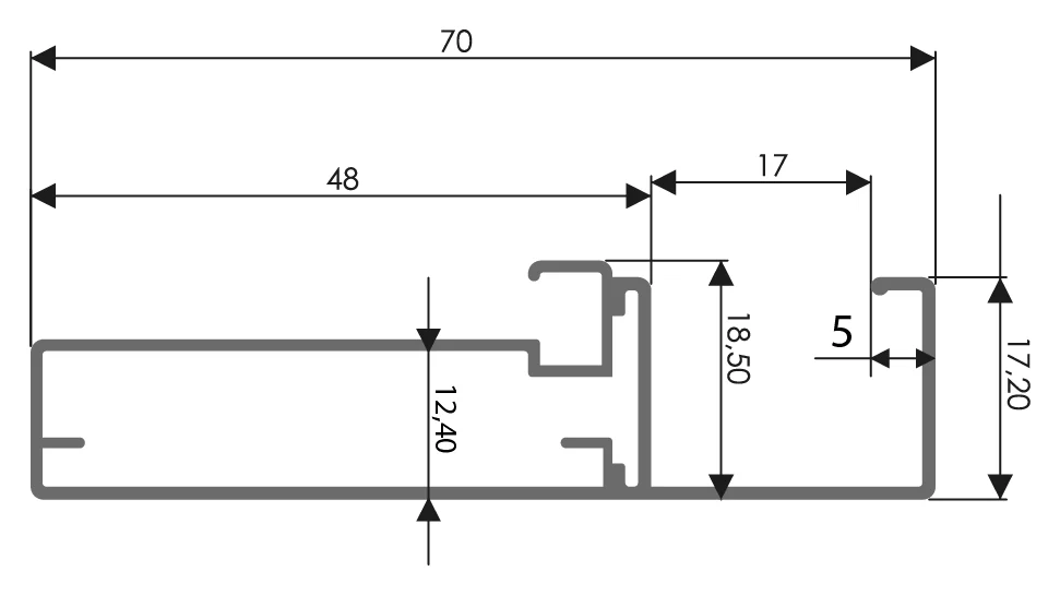 Desenho técnico com medidas: Perfil para porta RX 1562