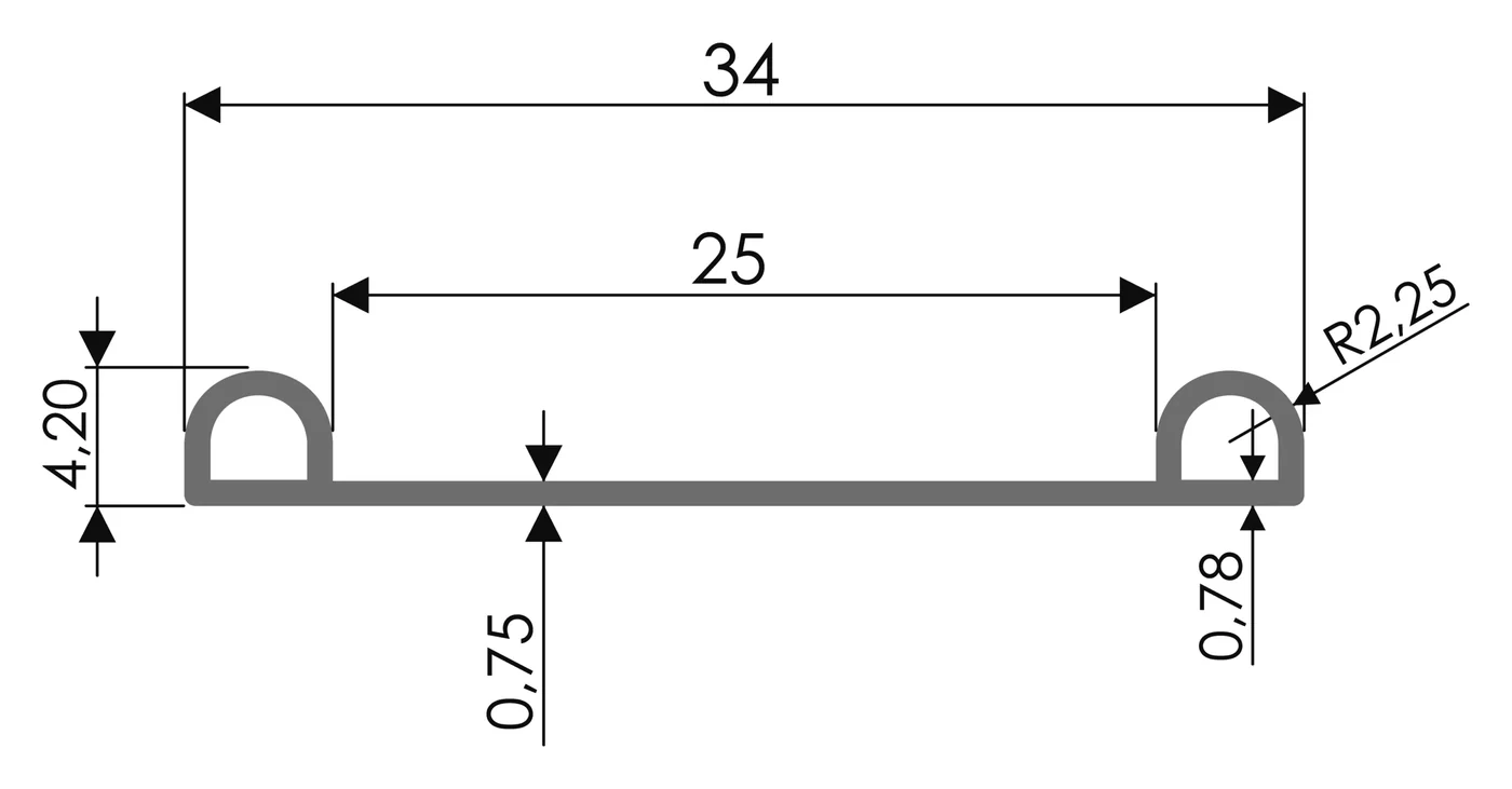Desenho técnico com medidas: Trilho RX 1571