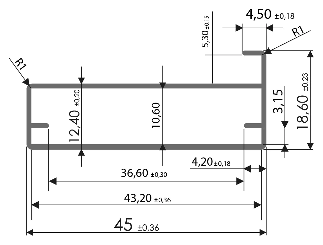 Desenho técnico com medidas: Perfil para porta RX 917