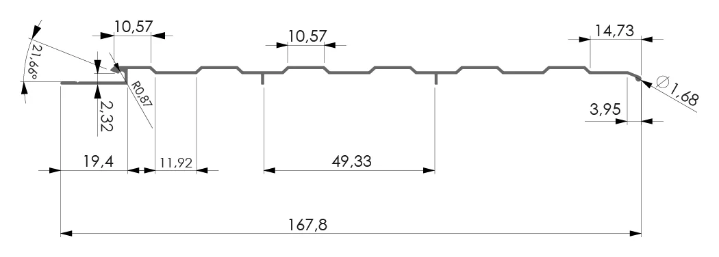 Desenho técnico com medidas: Perfil para portão RX LB 04