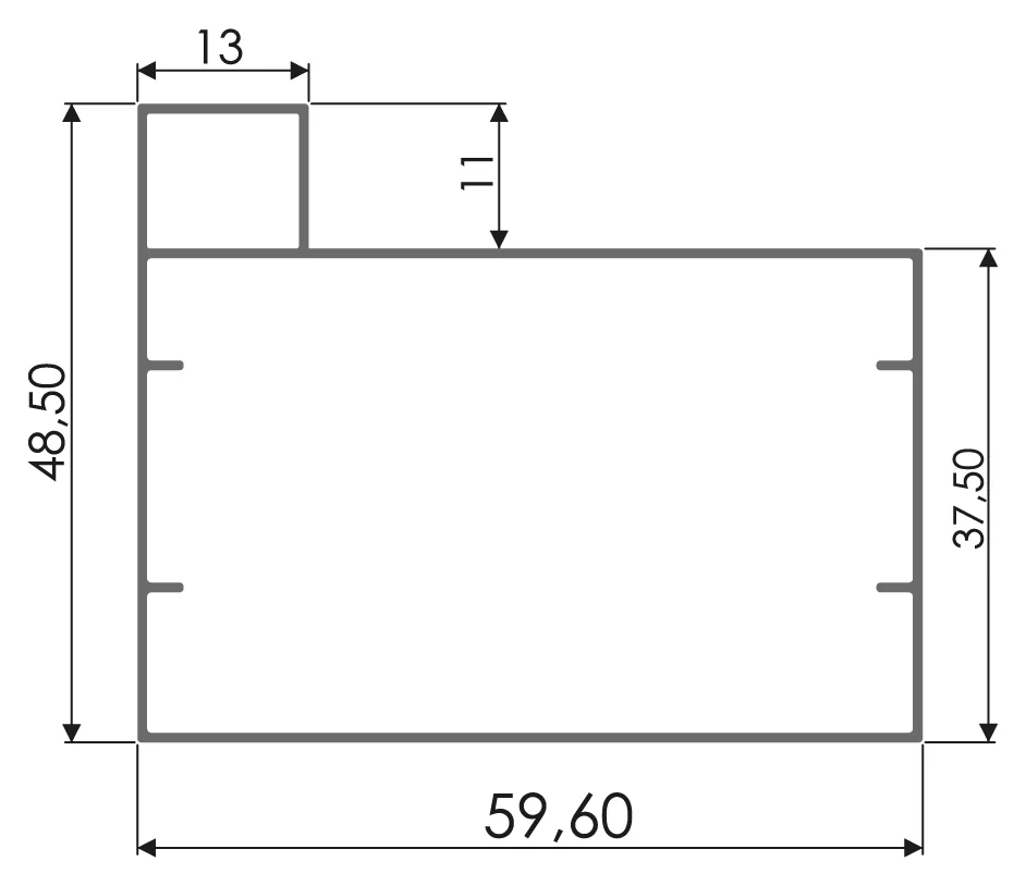 Desenho técnico com medidas: Perfil para portão RX TQ 03
